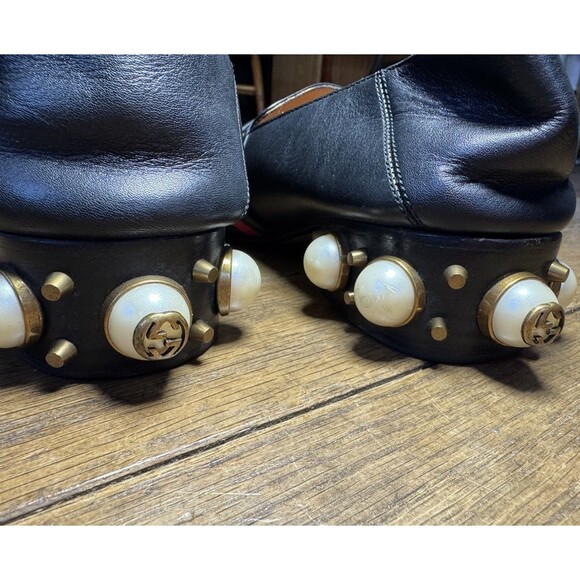 Gucci Black Leather Peyton GG Sylvie Pearl Studded Loafer Size 37 - Picture 9 of 9